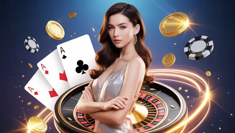 A spinplus live baccarat table with a female dealer, cards, and chips.